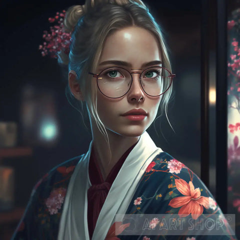 Beautiful Girl Wearing Kimono And Glasses Portrait Ai Art