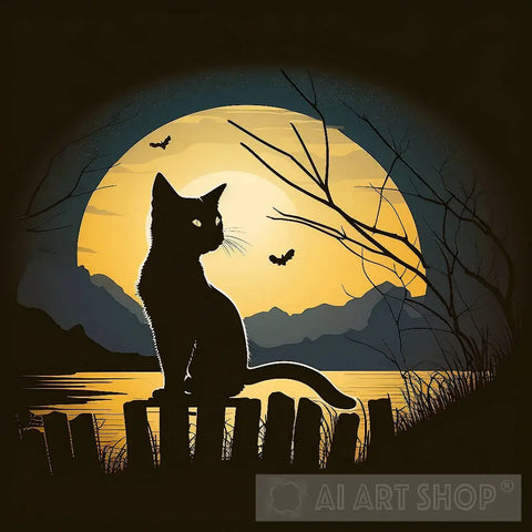 Cat Under The Moon Animal Ai Art