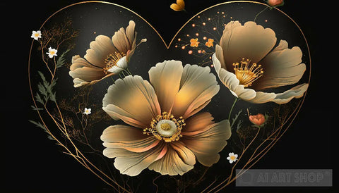 Golden Heart Flowers Ai Artwork