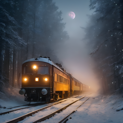 Old Train in Foggy Winter Forest