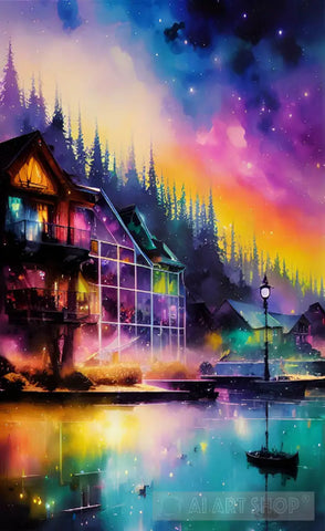 Lake Cabin Surrealism Ai Art