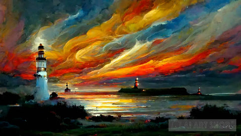 Lighthouse With Sunset Landscape Ai Art
