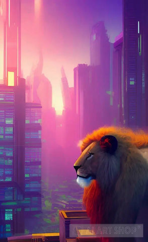 Synthwave City Lion - The Protector Animal Ai Art
