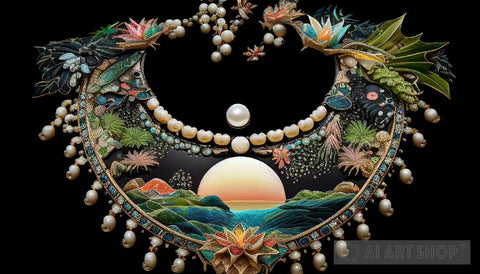 Tribal Necklace With Pearls And Tropical Landscape Abstract Ai Art